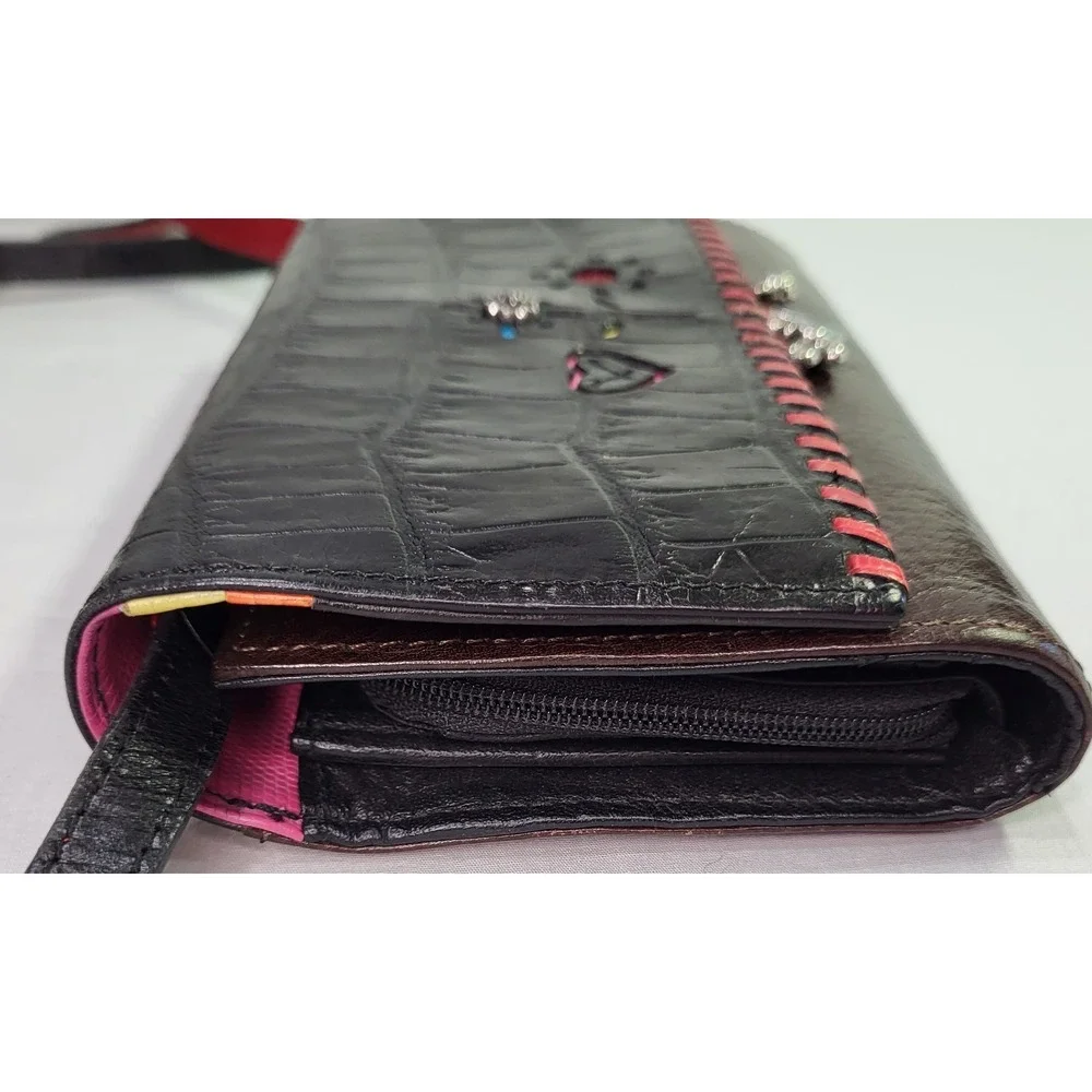 Brighton Crossbody Bag Wallet Purse Croc Embossed Charms Red & Black Strap Heart